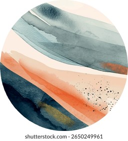 Círculo de Aquarela Abstrata Terrestre - Composição Mínima de Paisagem com Tinta e Terracota	

