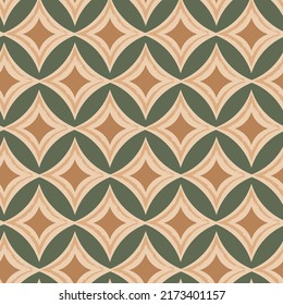 Earthy boho geometric seamless vector pattern. Textured abstract diamond shapes in organic earth tone green, beige and brown colors. Ethnic, bohemian style repeat background surface texture print.