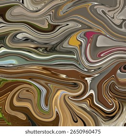 Os tons terrosos de marrom, verde e neutro se misturam em uma textura abstrata giratória com movimento fluido. Redemoinho, Terra, Abstrato, Textura, Movimento são destacados.
