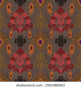 An earthy brown pattern featuring bold red and orange floral and geometric motifs. The design is intricate and symmetrical, with pops of purple and yellow adding contrast.
