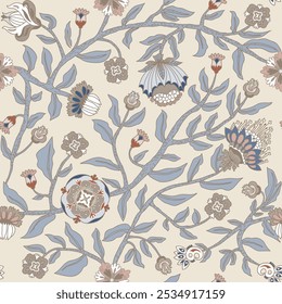 Earthy colour floral seamless pattern. Repeating design of stylised flowers and leaves. Inspired by traditional folk art and botanical motifs.