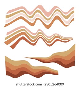 Earthy colours wavy groovy lines vector elements set. Retro fluid abstract shapes. Waved stripes geometric designs.