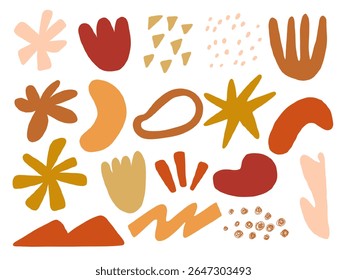 Conjunto de formas abstratas do estilo Earthy Doodle. Uma coleção quente e brincalhona de 18 elementos abstratos desenhados à mão, incluindo bolhas de folhas espiral e formas texturizadas em tons terra. Perfeito para decoração de layout