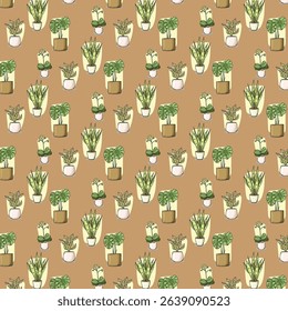 Earthy Indoor Plant Pattern on Brown Background