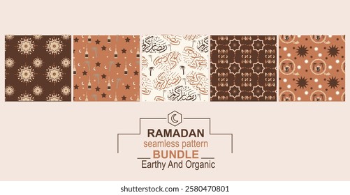 The Earthy Organic Ramadan Seamless Pattern Bundle showcases natural, warm-toned designs ideal for packaging, textiles, stationery, gift wrap, social media, and eco-friendly Ramadan branding. 