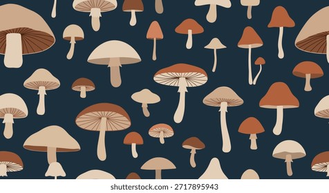 Earthy seamless pattern featuring various brown and cream mushrooms in different shapes and sizes on a dark blue background.