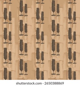 Padrão terroso sem emenda com motivos estilizados em forma de pena marrom ou folhas longas em um fundo bege texturizado. Capturando tendências abstratas orgânicas e modernas para decoração, têxteis e designs de inspiração natural