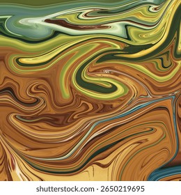A Terra gira abstrato com tons de verde vívido, amarelo e marrom. A textura rica e fluida evoca paisagens naturais. Perfeito para fundo, design ou arte de parede.