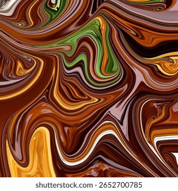 Redemoinhos terrosos de chocolate marrom, verde e laranja criam uma textura abstrata profunda com tons ricos. Ideal para design orgânico ou planos de fundo artísticos. Abstrato, marrom, orgânico, redemoinho, rico.