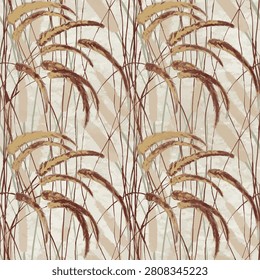 Earthy tone seamless wallpaper featuring fluffy fountain grass, muted green lines, and organic shapes on watercolor paper texture.