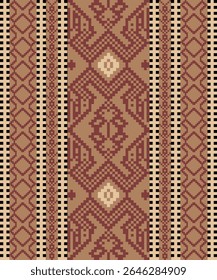 Earthy Tone Traditional Embroidery Art Abstract with Pixel Art Designs for Textile Print