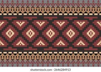 Earthy Tone Traditional Embroidery Art Abstract with Pixel Art Designs for Textile Print