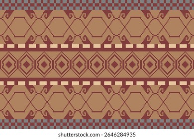 Earthy Tone Traditional Embroidery Art Abstract with Pixel Art Designs for Textile Print