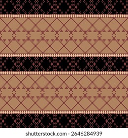 Earthy Tone Traditional Embroidery Art Abstract with Pixel Art Designs for Textile Print