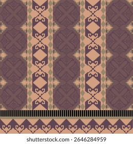 Earthy Tone Traditional Embroidery Art Abstract with Pixel Art Designs for Textile Print