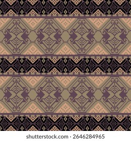 Earthy Tone Traditional Embroidery Art Abstract with Pixel Art Designs for Textile Print