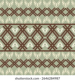 Earthy Tone Traditional Embroidery Art Abstract with Pixel Art Designs for Textile Print