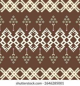 Earthy Tone Traditional Embroidery Art Abstract with Pixel Art Designs for Textile Print