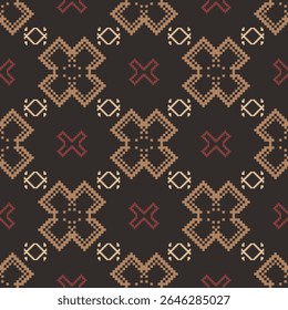 Earthy Tone Traditional Embroidery Art Abstract with Pixel Art Designs for Textile Print
