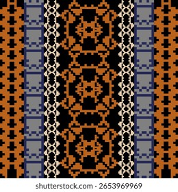 Earthy Tone Traditional Embroidery Art Abstract with Pixel Art Designs for Textile Print