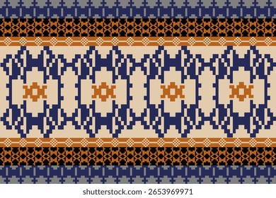 Earthy Tone Traditional Embroidery Art Abstract with Pixel Art Designs for Textile Print