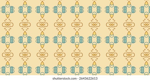 Earthy toned seamless design with mugs, water drops, and clouds. A hand-drawn pattern perfect for eco, kitchen, or tea-themed illustrations.