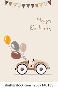 earthy vintage brown birthday greeting card, cute watercolor illustration. with car and balloon