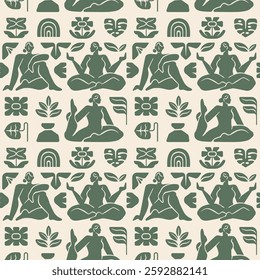 Earthy-toned seamless pattern with abstract yoga silhouettes and organic shapes. A green, geometric, and minimalist nature-inspired design.