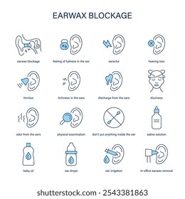 Earwax Blockage symptoms, diagnostic and treatment vector icon set. Medical icons.