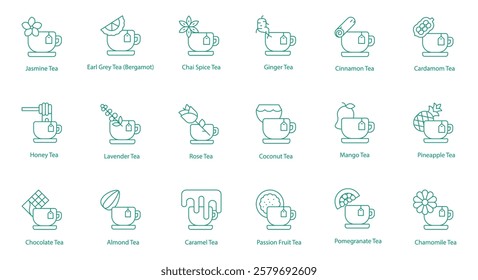 eas Icon Set: Jasmine, Earl Grey, Chai Spice, Ginger, Cinnamon, Cardamom, Honey, Lavender, Rose, Coconut, Mango, Pineapple, Chocolate, Almond, Caramel, Passion Fruit, Pomegranate, Chamomile