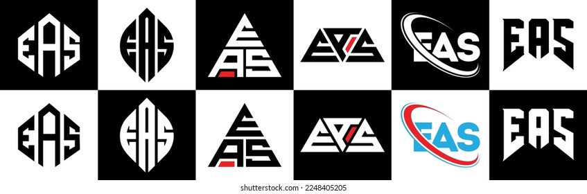 EAS letter logo design in six style. EAS polygon, circle, triangle, hexagon, flat and simple style with black and white color variation letter logo set in one artboard. EAS minimalist and classic logo