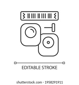 EAS tags and labels linear icon. Security device that is attached to make thing visible to reader. Thin line customizable illustration. Contour symbol. Vector isolated outline drawing. Editable stroke