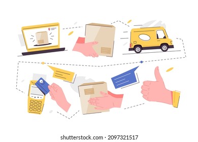 Ease of delivery service process, step by step vector illustration. Pack, transport, receive stages flat style. Shipping service concept