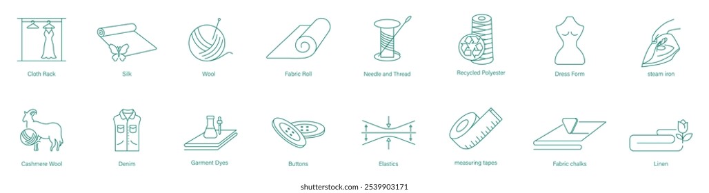 Symbolsatz für einfache Bedienung: Stoffregal, Seide, Wolle, Stoffrolle, Nadel und Faden, recycelbarer Polyester, Kleiderform, Dampfbügeleisen, Kaschmirwolle, Denim, Garmentfarbstoffe, Knöpfe, Elastik, Maßbänder, Bügelbrett,