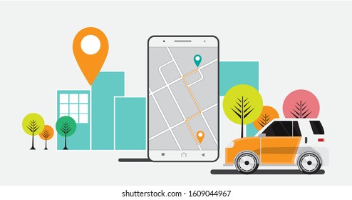 Ease of mobile applications for ordering car vehicles with location sign car rental sharing concept of transportation services sharing modern cityscape horizontal background