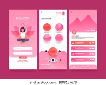 Ease and Peace Meditation Music App Walkthrough Screens Template Layout On Pink Background.
