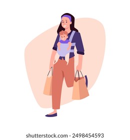 Ease of shopping concept: woman with baby in carrier holding packages in her hands. The illustration emphasizes the mobility and safety of moving with a child in a sling. Made in a flat style.