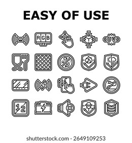 facilidade de uso conveniência ícones do produto definir vetor. intuitivo fácil de usar, acessível otimizado, simplificado, sem esforço, eficiente facilidade de uso conveniência produto preto contorno ilustrações