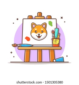 Easel Art Board Vector Icon Illustration. Paint Board And Shiba Inu, Brush, Colorful Palette Icon Concept White Isolated. Flat Cartoon Style Suitable for Web Landing Page, Banner, Sticker, Background