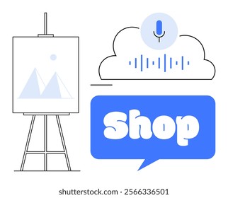 Easel with artwork, speech bubble with word Shop, and cloud with microphone and sound waves. Ideal for marketing, content creation, online shopping, creative tools, and minimalistic design