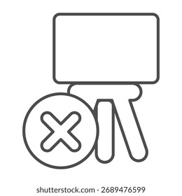 Ícone de linha fina banido do cavalete, conceito da apresentação. Gráficos vetoriais. Placa com botão para fechar, sinal de item proibido no fundo branco, ícone de estilo de estrutura de tópicos para design móvel ou web