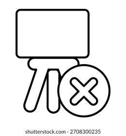 Easel ban thin line icon, presentation concept. Vector graphics. Board with close button, forbidden item sign on white background, outline style icon for mobile or web design