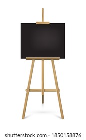 Easel with black horizontal paper sheet. Vector realistic design element isolated on white background