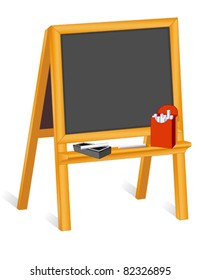 Easel Blackboard with box of chalk and eraser. Copy space to add your own text, drawings, doodles. EPS8 compatible.