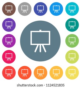 Easel with blank canvas flat white icons on round color backgrounds. 17 background color variations are included.