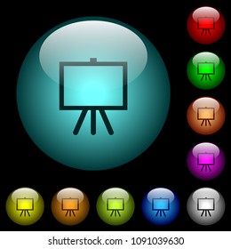 Easel with blank canvas icons in color illuminated spherical glass buttons on black background. Can be used to black or dark templates