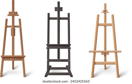Easel blank stand frame mockup for painting vector. Isolated 3d wooden tripod for picture. Empty artist exhibition space equipment set on white background. Different creative studio object bundle
