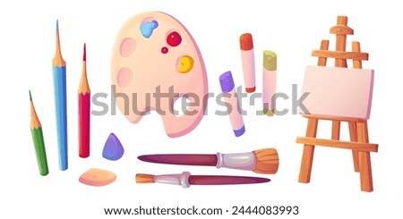 Easel and brush art paint tool for artist cartoon. Drawing supplies set for craft education. Oil, gouache, rubber, stationery and accessory graphic kit design. Creative leisure hobby supply stuff
