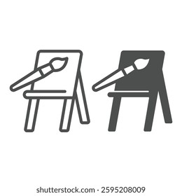 Easel with brush line and solid icon, city museum concept. Vector graphics. Wooden easel and paintbrush, painter tools sign on white background, outline style icon for mobile or web design