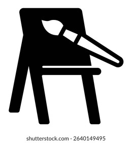 Easel with brush solid icon, city museum concept. Vector graphics. Wooden easel and paintbrush, painter tools sign on white background, style mobile or design